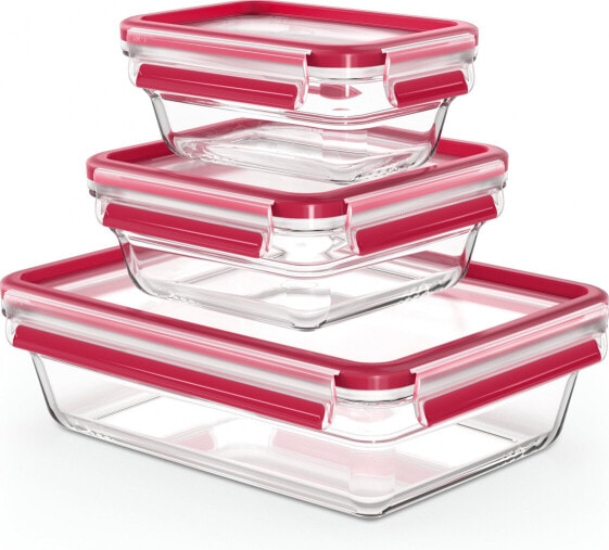 Emsa Emsa CLIP & CLOSE glass food storage jar, 3-piece set (transparent/red, rectangular, 3 jars + 3 lids)