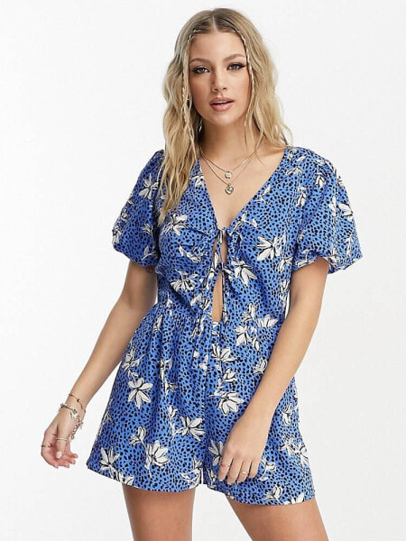 Wednesday's Girl dotty floral print playsuit in cornflower blue