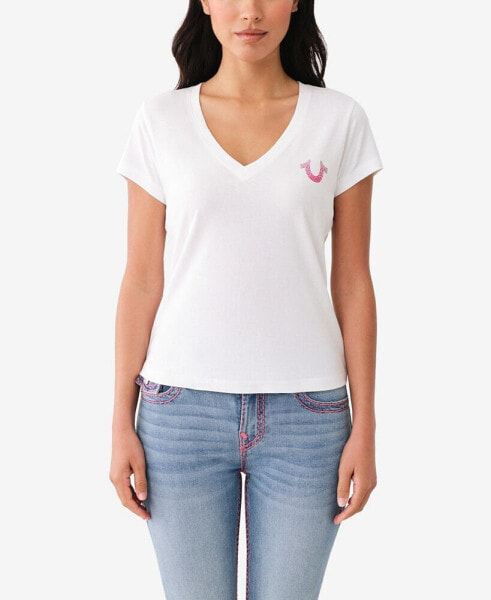 Women's Short Sleeve Ombre Crystal V-Neck Tee