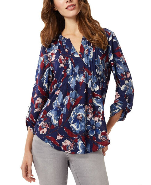 Women's Floral-Print Pintuck Roll-Tab Shirt