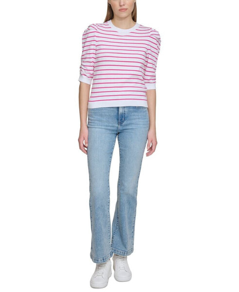 Women's Striped Ruched-Sleeve Crewneck Top