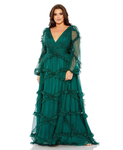 Women's Plus Size V Neck Ruffle Tiered Puff Sleeve Gown