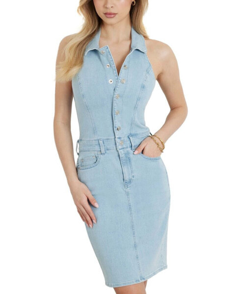 Women's Elodee Collared Halter Sleeveless Denim Bodycon Dress