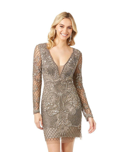 Women's - Long Sleeve Beaded Cocktail Dress