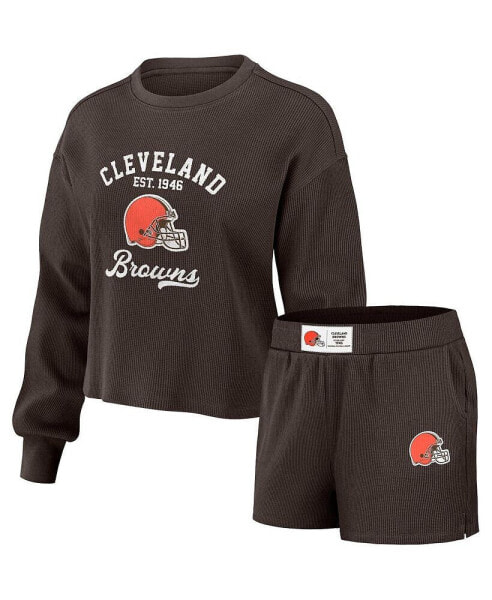 Women's Brown Distressed Cleveland Browns Waffle Knit Long Sleeve T-shirt and Shorts Lounge Set