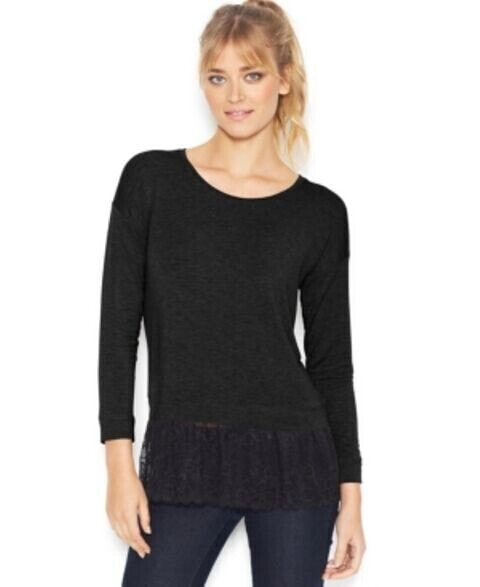 Kensie Women's New Scoop Neck Knit Top Lace Hem Black Size S