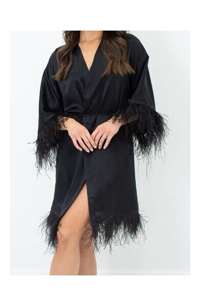 Women's Silk Robe - Short - Ostrich Feather Trim Hem and Sleeve - Silk Collection