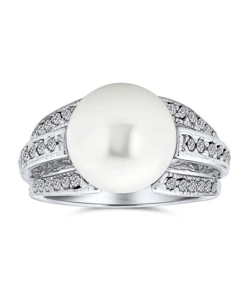 Кольцо Bling Jewelry модель 'Жемчужное заявление' солитер на белых имитированных жемчужинах Pave CZ для женщин на выпускной вечер родированное из латуни