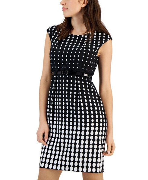 Petite Dotted Cap-Sleeve Belted Sheath Dress