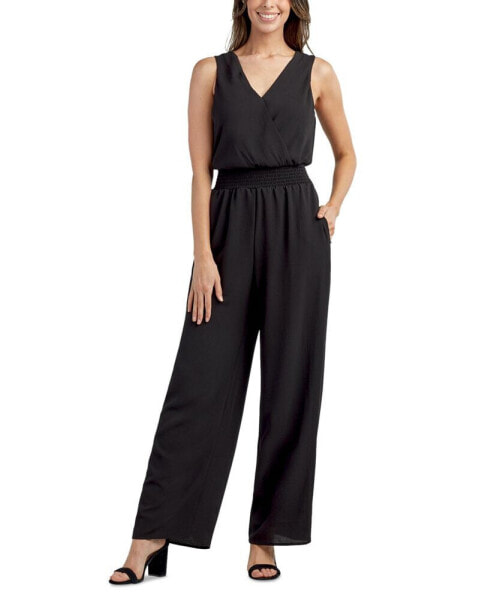 Juniors' Sleeveless V-Neck Bubble Crepe Jumpsuit