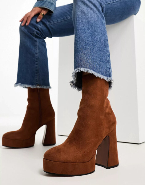 ASOS DESIGN Enchant heeled platform boots in tan micro