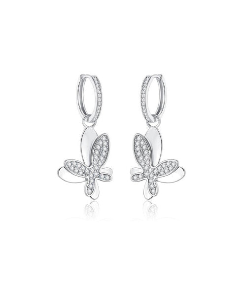 Pave Butterfly Dangle Drop Hoop Earrings