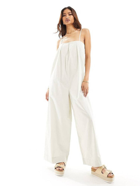 ASOS DESIGN pleated square neck wide leg jumpsuit in stone