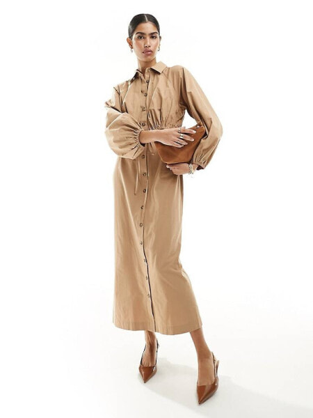 ASOS DESIGN maxi shirt dress with mac detailing in tan