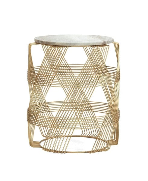 Metallic Accents & Marble Side Table with Intricate Wireframe