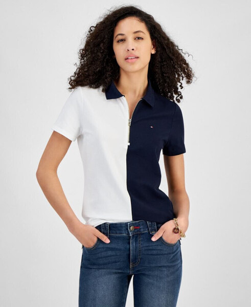 Women's Colorblock Zip-Front Polo Shirt
