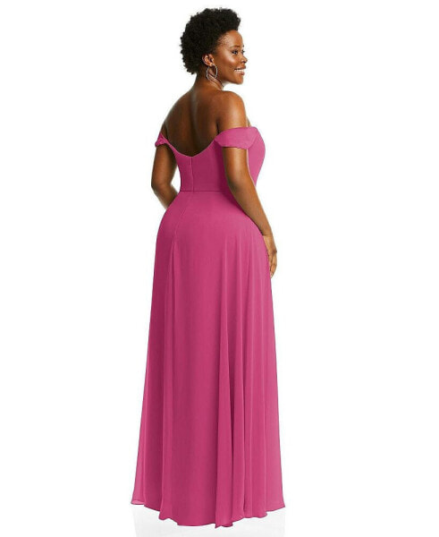 Plus Size Off-the-Shoulder Basque Neck Maxi Dress with Flounce Sleeves