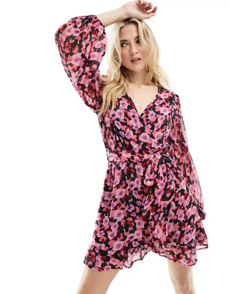 Wednesday's Girl bloom floral wrap detail mini dress in pink