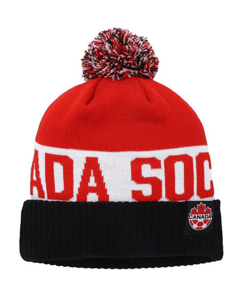 Men's Black, Red Canada Soccer Classic Stripe Cuffed Knit Hat with Pom