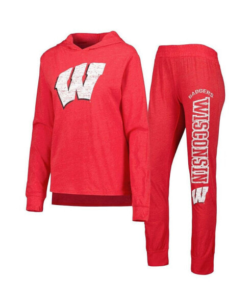 Women's Red Distressed Wisconsin Badgers Long Sleeve Hoodie T-shirt and Pants Sleep Set