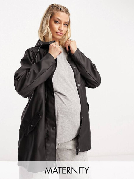 Vero Moda Maternity rubberised hooded raincoat in black