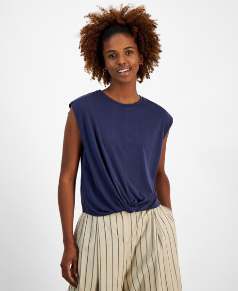 Women's Solid Knot-Front Short-Sleeve Tee