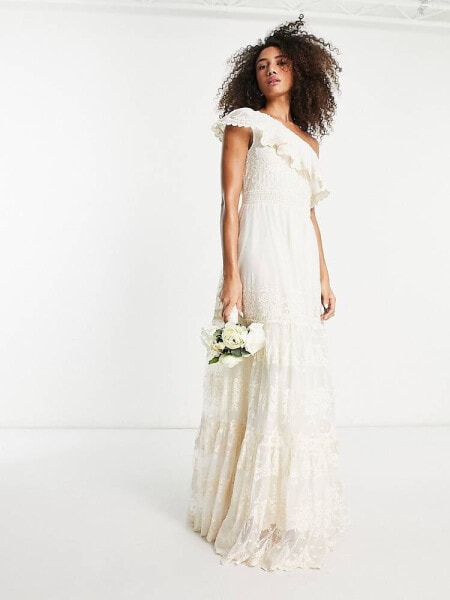 Y.A.S Bridal vintage lace one shoulder maxi dress in cream