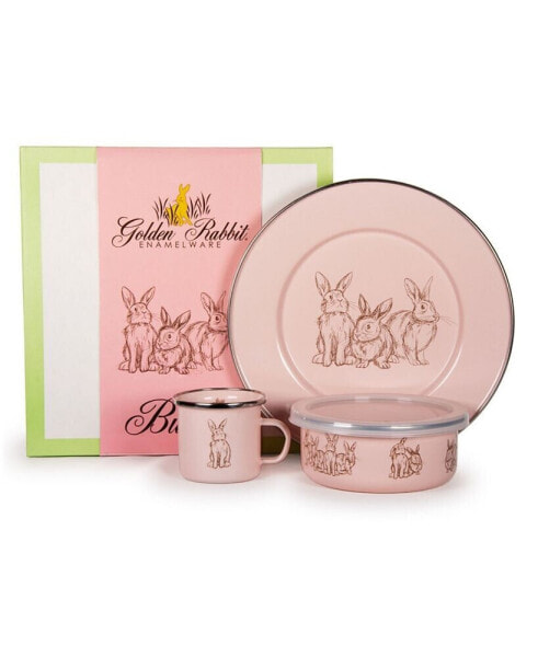Pink Bunnies Enamelware Collection 3 Piece Kids Dinner Set