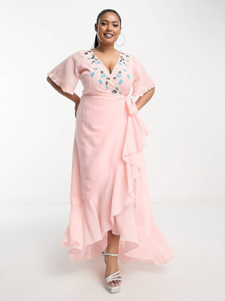 Maya Plus embroidered wrap midaxi dress in veiled rose