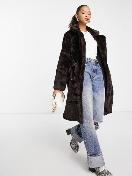 Vero Moda longline faux fur coat in brown