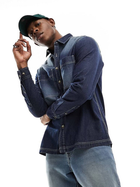 ASOS DESIGN double pocket denim overshirt in dark blue wash