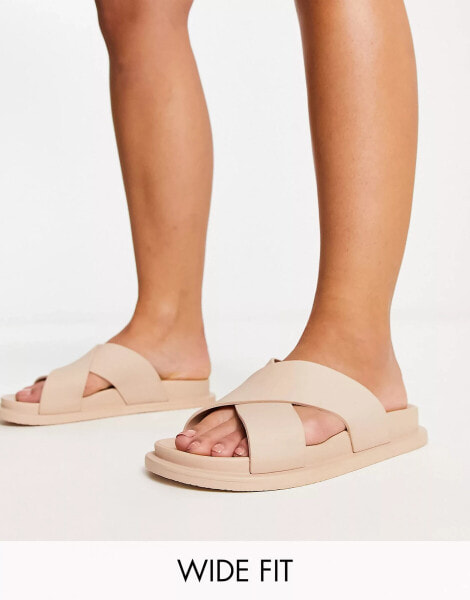 ASOS DESIGN Wide Fit Fixation cross strap jelly flat sandals in beige