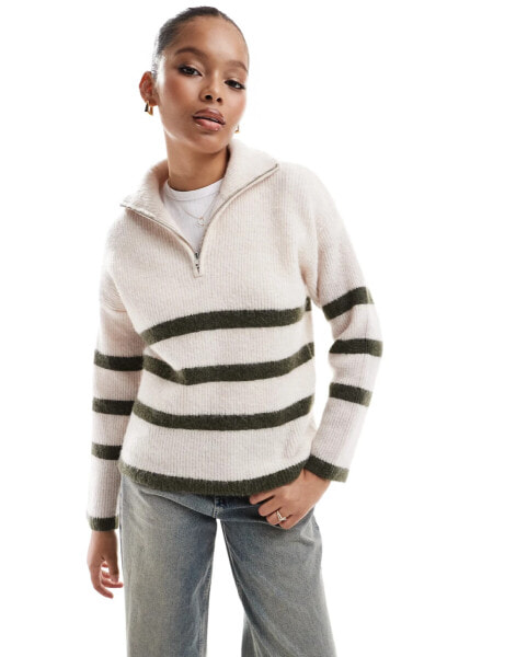 Selected Femme half zip knitted merino wool blend stripe jumper in cream with green stripe