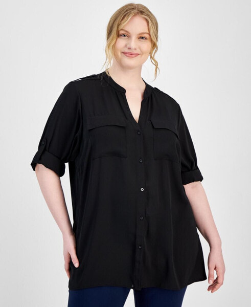 Plus Size Roll-Tab-Sleeve Button-Front Shirt