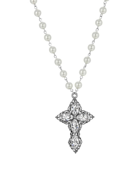 Women's Pewter Clear Crystal Diamon Shaped Stones Cross Imitation Pearl Necklace