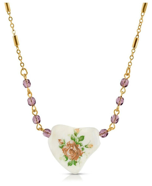 Beaded Heart with Pink Floral Decal Necklace