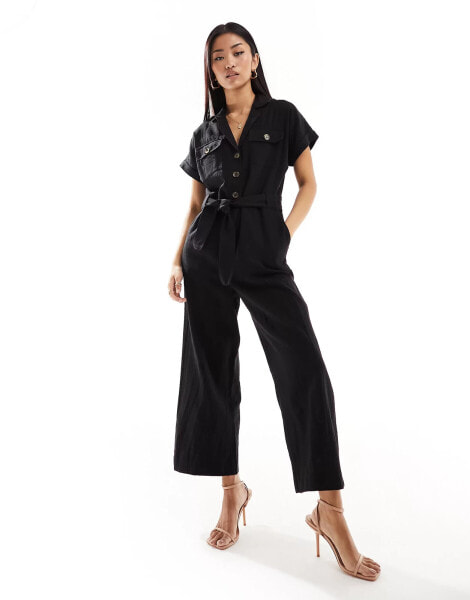 New Look button through tie waist jumpsuit in black