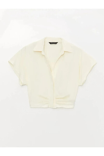 Lcw Vision Gömlek Yaka Düz Kısa Kollu Crop Kadın Bluz