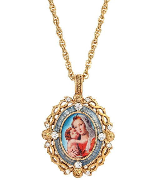 Enamel Crystal Mary and Child Pendant Necklace 24”