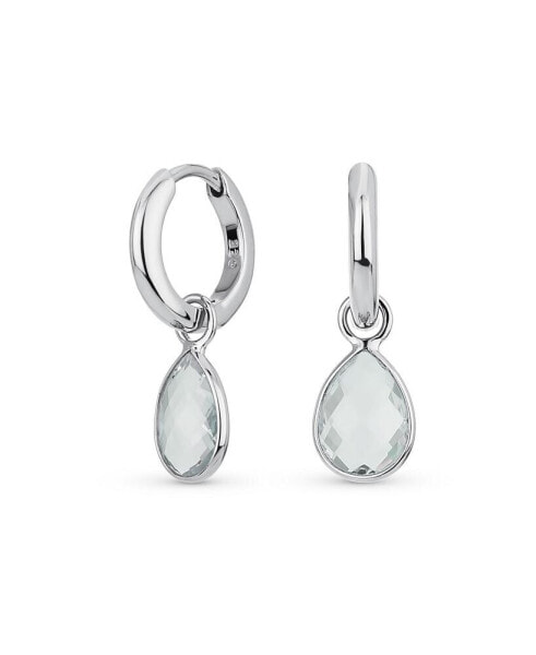 Classic Cocktail Wedding Party Small 2 CTW Blue Aquamarine Halo Pear Shaped Teardrop Huggie Earrings Latch Hinge Back Hinge Back Sterling Silver