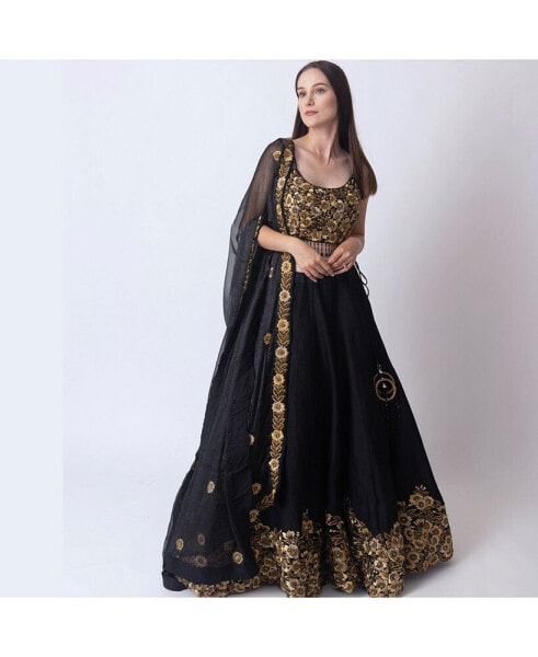 Women's Black and Gold Hand Embroidered Raw Silk Lehenga Choli