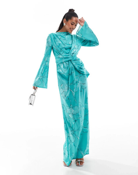 ASOS DESIGN twist front fluted sleeve maxi dress in jade outline floral print