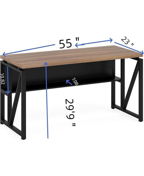 55 inches Computer Desk with Bottom Stoage Shelf Home Office Desk Writing Table for Workstation,Dark Walnut & Steel Leg