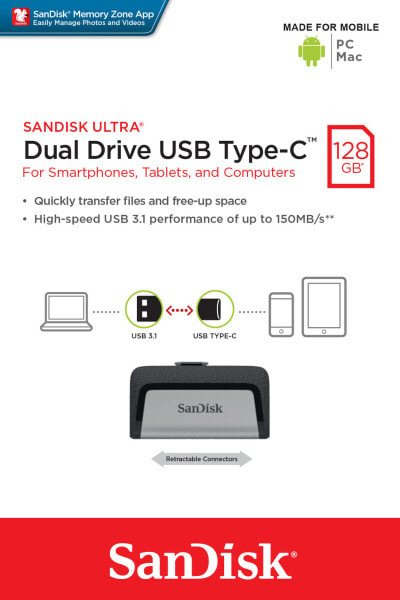 Sandisk Ultra Dual Drive USB Type-C - 128 GB - USB Type-A / USB Type-C - 3.2 Gen 1 (3.1 Gen 1) - Slide - 9.1 г - Черный - Серебро