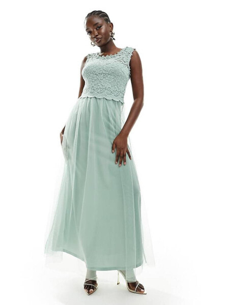 Vila Bridesmaid lace and tulle maxi dress in sage green