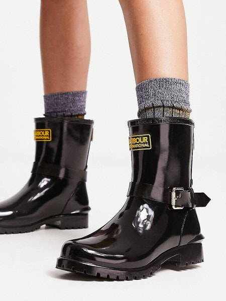 Barbour International Mugello short biker wellington boot in shiny black