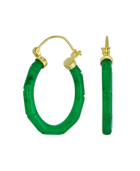 Green Jade Green Round Bamboo Natural Jade Hoop Earrings For Women Gold Plated Sterling Silver 1.2 Inch Diameter