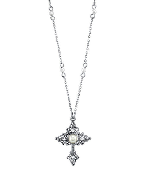 2028 silver Tone Filigree Cross with Simulated Pearl Crystal Accent Necklace 16" Adjustable
