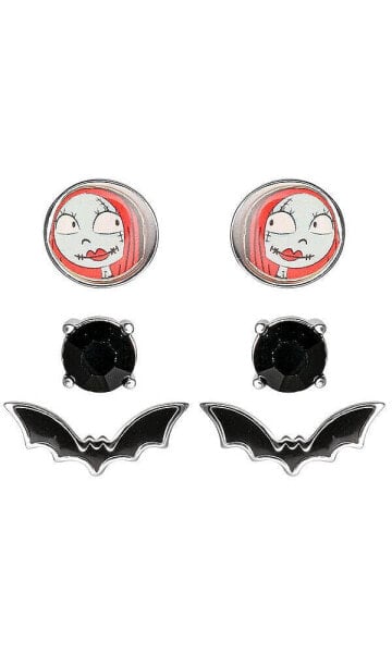 The Nightmare Before Christmas Silver Flash Plated Stud Earring Set, Sally, Bat, Black Crystal - 3 Pairs