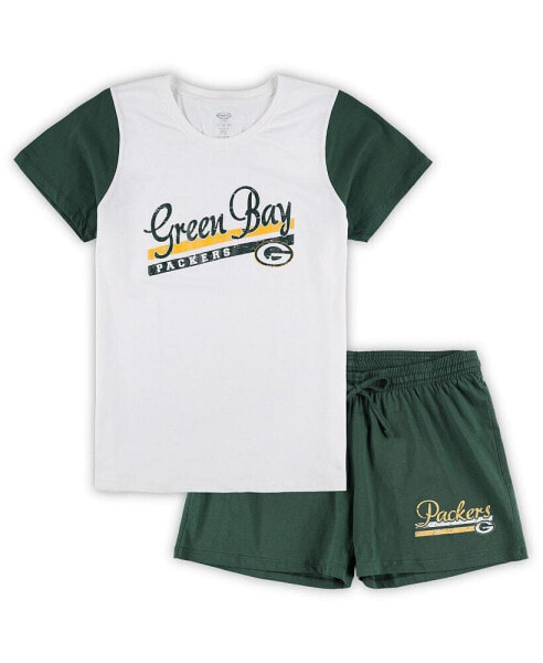 Women's White, Green Green Bay Packers Plus Size Downfield T-shirt and Shorts Sleep Set